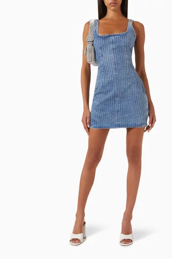 Rhinestone Shift Mini Dress in Denim