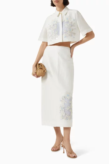 Mirrors Embroidered Midi Skirt in Linen-blend