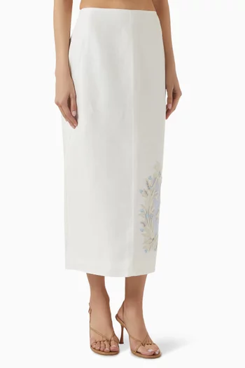 Mirrors Embroidered Midi Skirt in Linen-blend