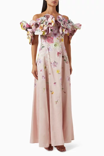 Misha Floral-neck Dress in Linen Blend