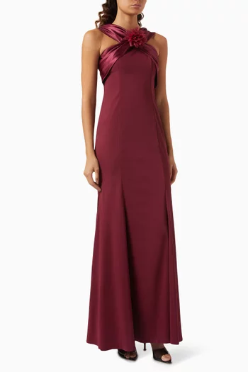 Floral-applique Maxi Dress in Crepe-satin