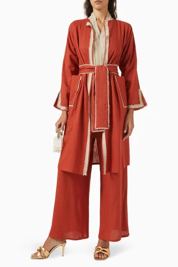 طقم معطف وبنطال كتان، 4 قطع