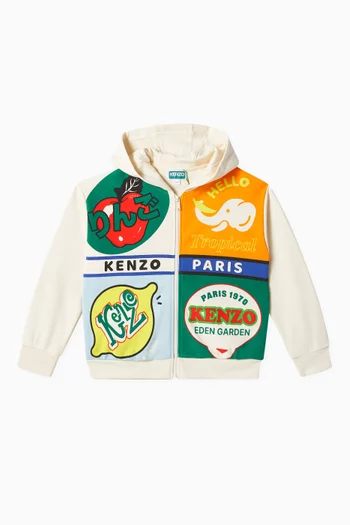 كنزة بغطاء رأس وطبعة ملونة بشعار الماركة قطن