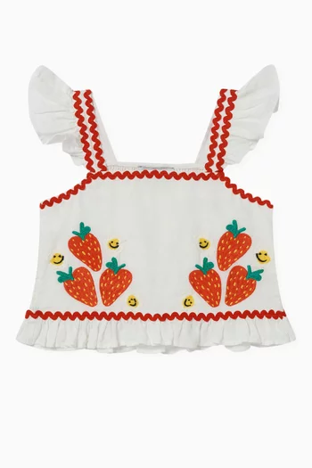 Strawberry Embroidered Ruffle Top in Cotton-blend