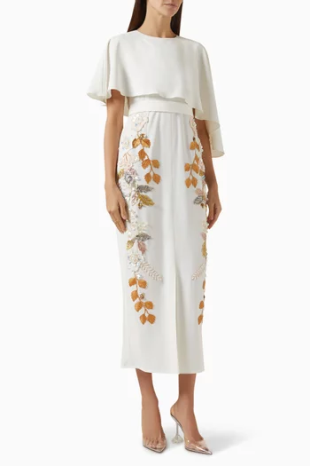 فستان متوسط الطول بكاب ونقشة زهور كريب مطاطي