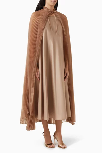 Pleated Cape Midi Dress in Satin