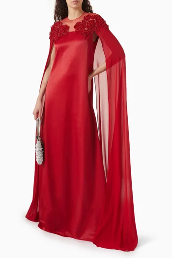 Bead-embellished Floral Applique Cape Dress