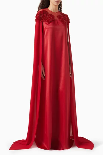 Bead-embellished Floral Applique Cape Dress