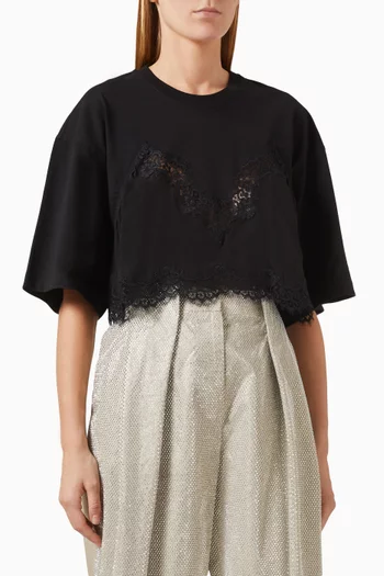 Crop Lace-hem T-shirt in Cotton