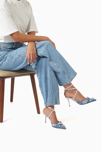 Crystal Button 85 Pumps in Denim & Metallic Leather
