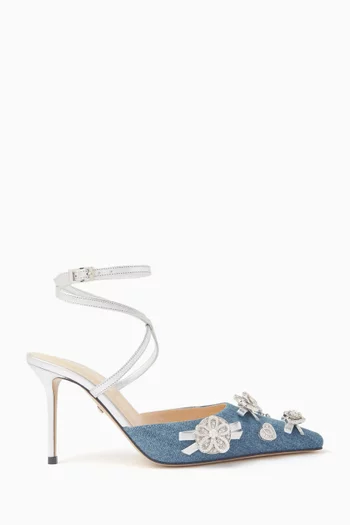 Crystal Button 85 Pumps in Denim & Metallic Leather
