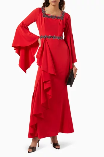 Ruffle Embroidered Maxi Dress in Crepe