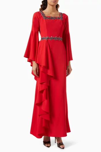 Ruffle Embroidered Maxi Dress in Crepe