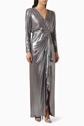 V-neck Ruffled Gown in Metallic-jersey