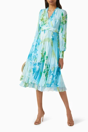 فستان متوسط الطول بنقشة شيفون