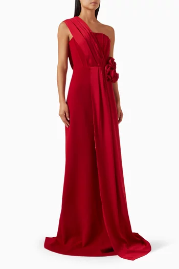 فستان سهرة بدرابيه وكتف مكشوف كريب وحرير