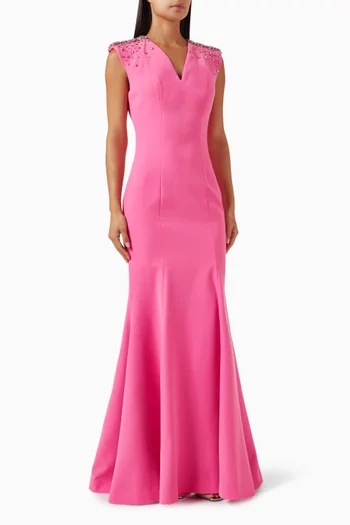 فستان سهرة مطرز بالكريستال كريب