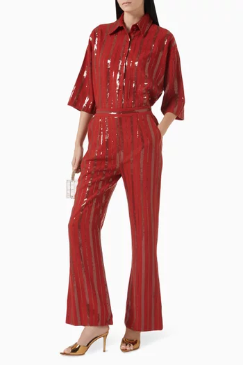 Sequin-embellished Wide-leg Pants in Linen
