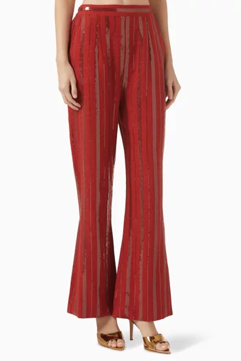 Sequin-embellished Wide-leg Pants in Linen