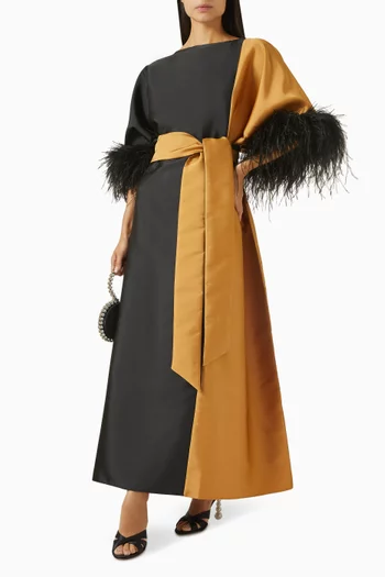 Feather-trim Cuffs Colourblock Kaftan
