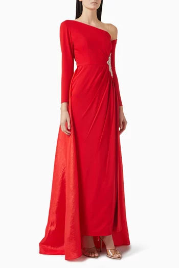 فستان سهرة بتطريز بالكريستال وكتف مكشوف