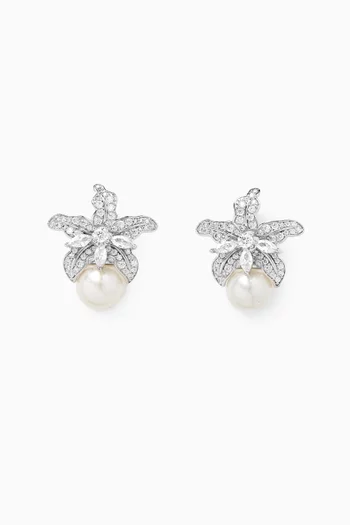 Cattelya Pearl Stud Earrings in Rhodium-plated Metal
