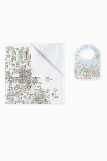 Paris-print Carré Blanket & Bib in Organic Cotton