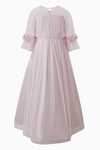 فستان طويل بحزام وزهور بارزة تول