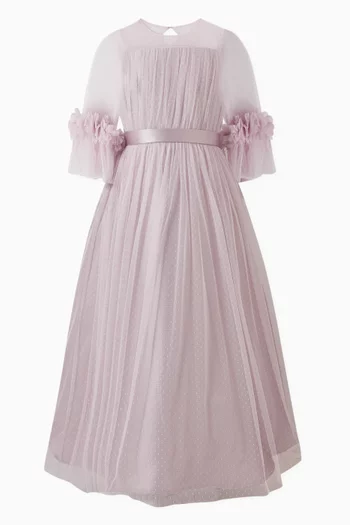 فستان طويل بحزام وزهور بارزة تول