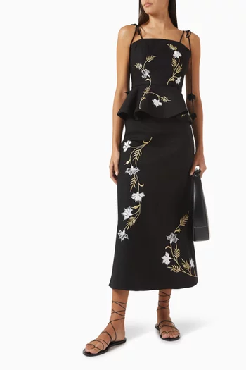Lily Embroidered Midi Skirt in Linen