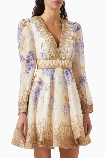 Dawning Plunge Mini Dress in Linen-silk