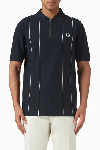 Pinstripe Zip Neck Polo Shirt in Cotton Piqué