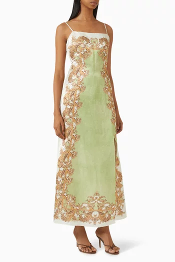 Torrent Slit Maxi Dress in Silk-linen Satin