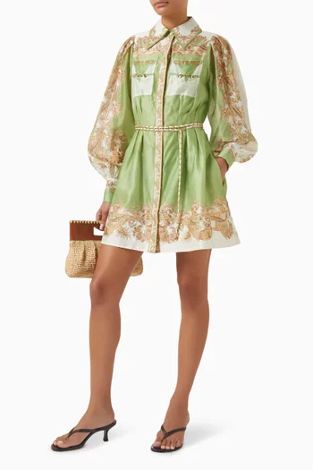 Balloon-sleeve Shirt Mini Dress in Silk-cotton