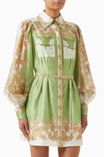 Balloon-sleeve Shirt Mini Dress in Silk-cotton