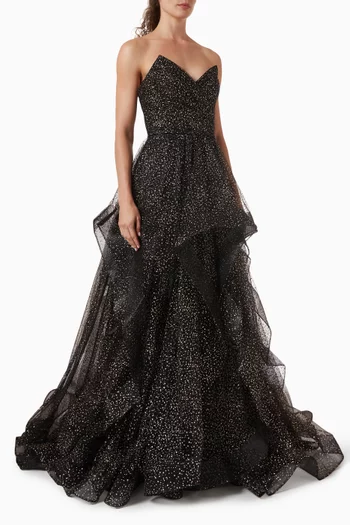 فستان سهرة بكشكش وتطريزات بالترتر تول