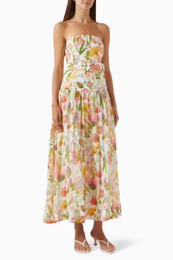 Paula Strapless Belted Maxi Dress in Cotton-silk