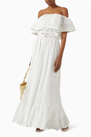 Belted Off-shoulder Maxi Dress in Cotton