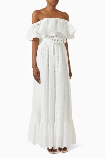 Belted Off-shoulder Maxi Dress in Cotton