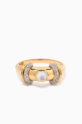 Warrior Hex Mother of Pearl & Diamond Ring in 18kt Gold