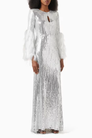 Feather-cuff Sequin-embellished Gown