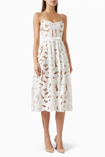 Bow Embroidered Midi Dress in Linen Blend