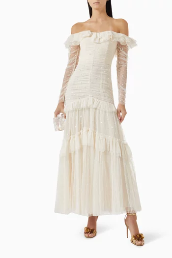 Sequin Glimmer Ruched Off-shoulder Gown in Tulle