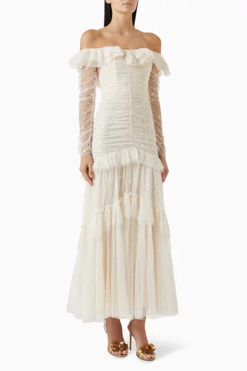 Sequin Glimmer Ruched Off-shoulder Gown in Tulle