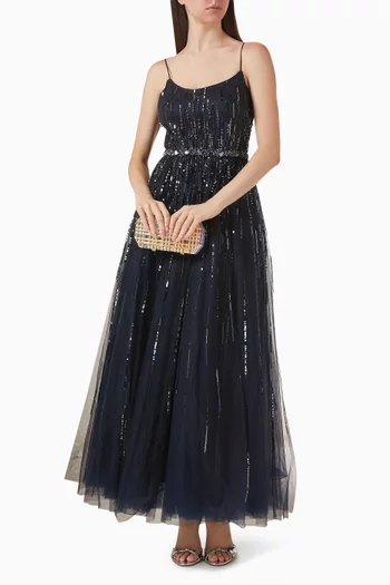 Embellished A-line Feather Cape Maxi Dress