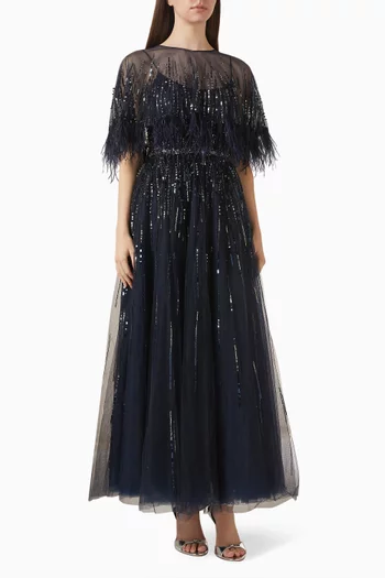 Embellished A-line Feather Cape Maxi Dress