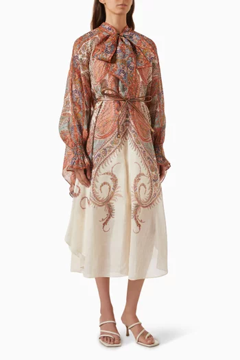 Rhiannon Tie Neck Midi Dress in Ramie