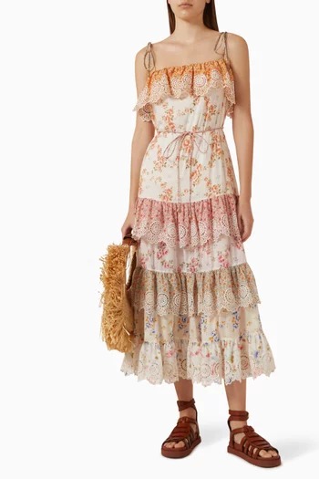 Lucky Tiered Embroidered Midi Dress in Cotton