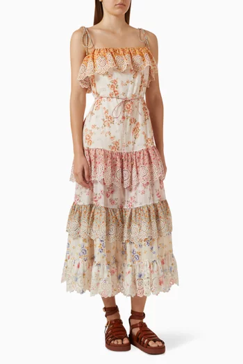Lucky Tiered Embroidered Midi Dress in Cotton