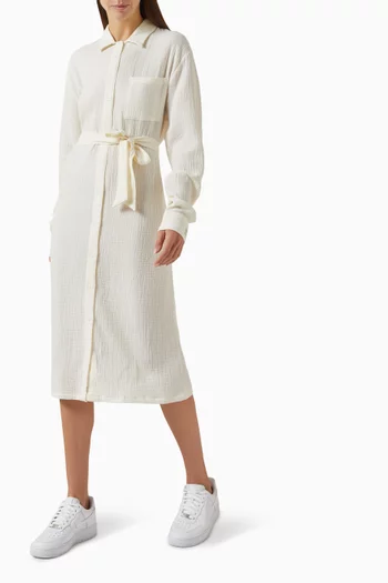 Belted Shirt Midi Dress in Crinkled-cotton